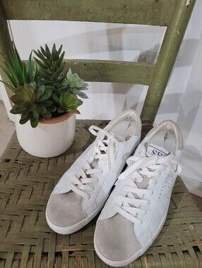 Sam Edelman Aubrie SE 1980 White Leather Sneakers with Beige Suede Accents Sz 8